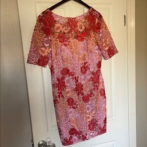 Kay Unger Red & Pink Floral Lace Mini Dress